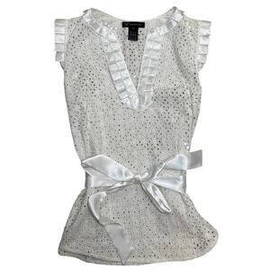 Cream Lace Satin‑Trim Top 🤍 Eyelet Blouse with Ribbon Waist ✨ Size 14